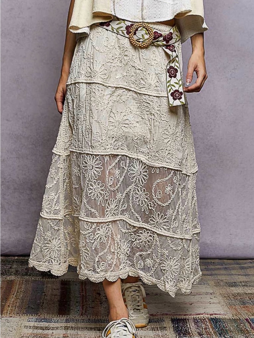 POL Lace Floral Embroidered Maxi Skirt - Cream (Fits up to Large)